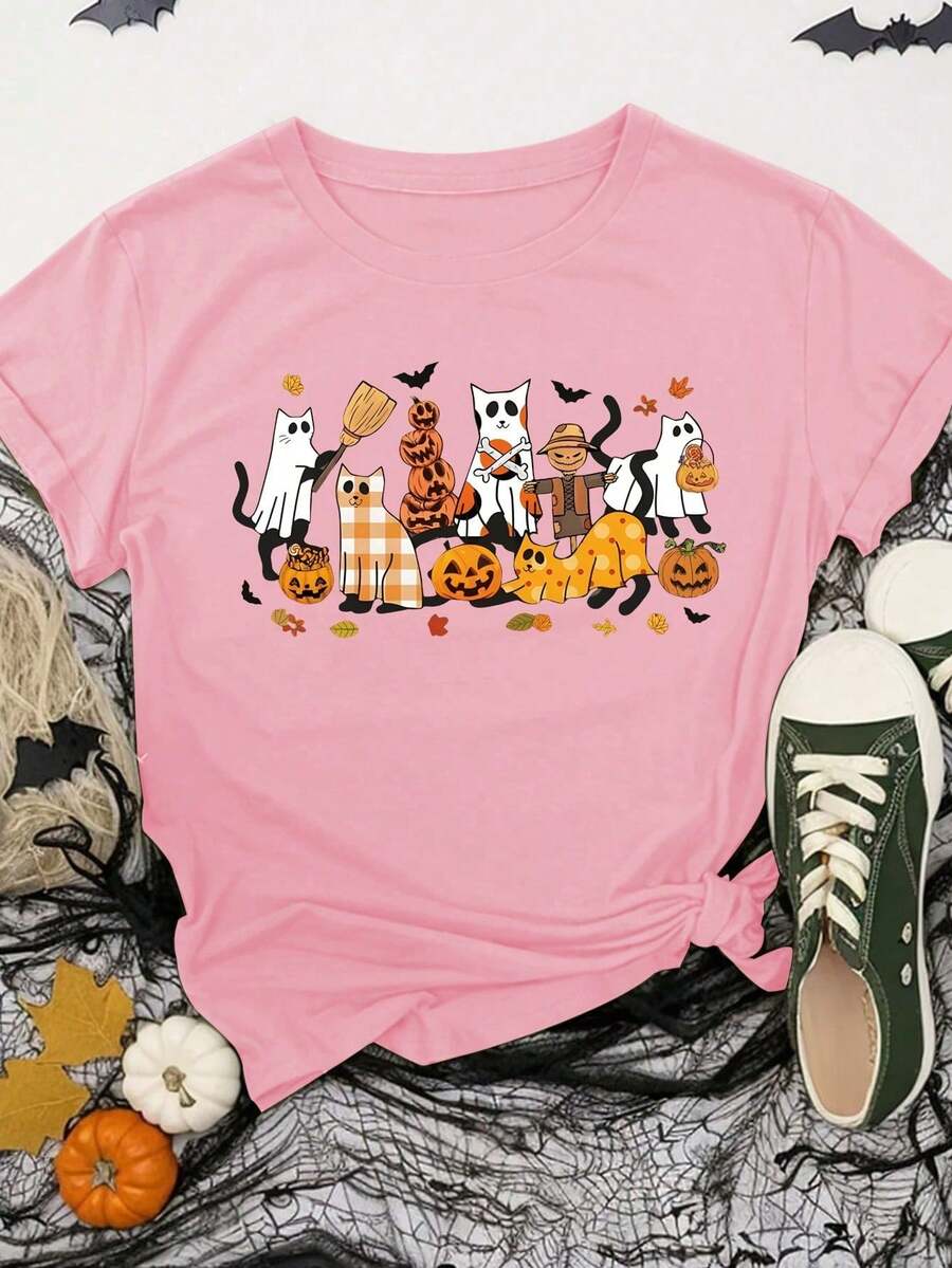 Women's Halloween Print T-Shirt - Hồng - Xem 1