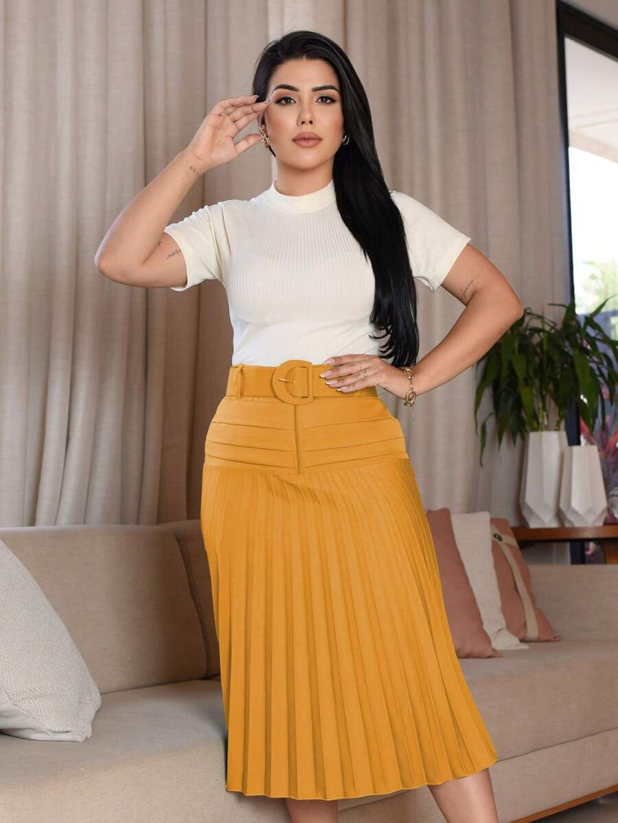 Women's Pleated Midi Skirt With Zipper, Lined Belt, Modern Evangelical Fashion, Modest Christian - 芥末黃 - 查看 1