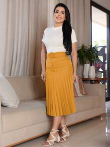 Women's Pleated Midi Skirt With Zipper, Lined Belt, Modern Evangelical Fashion, Modest Christian - 芥末黃 - 查看 4