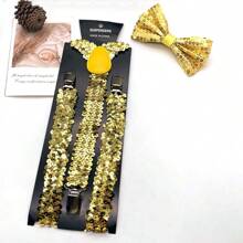 1set Men's Sequin Bow Tie & Suspenders Set, Sequin Decorated Bow Tie, Sequin Apparel Suspenders - Red - View 11