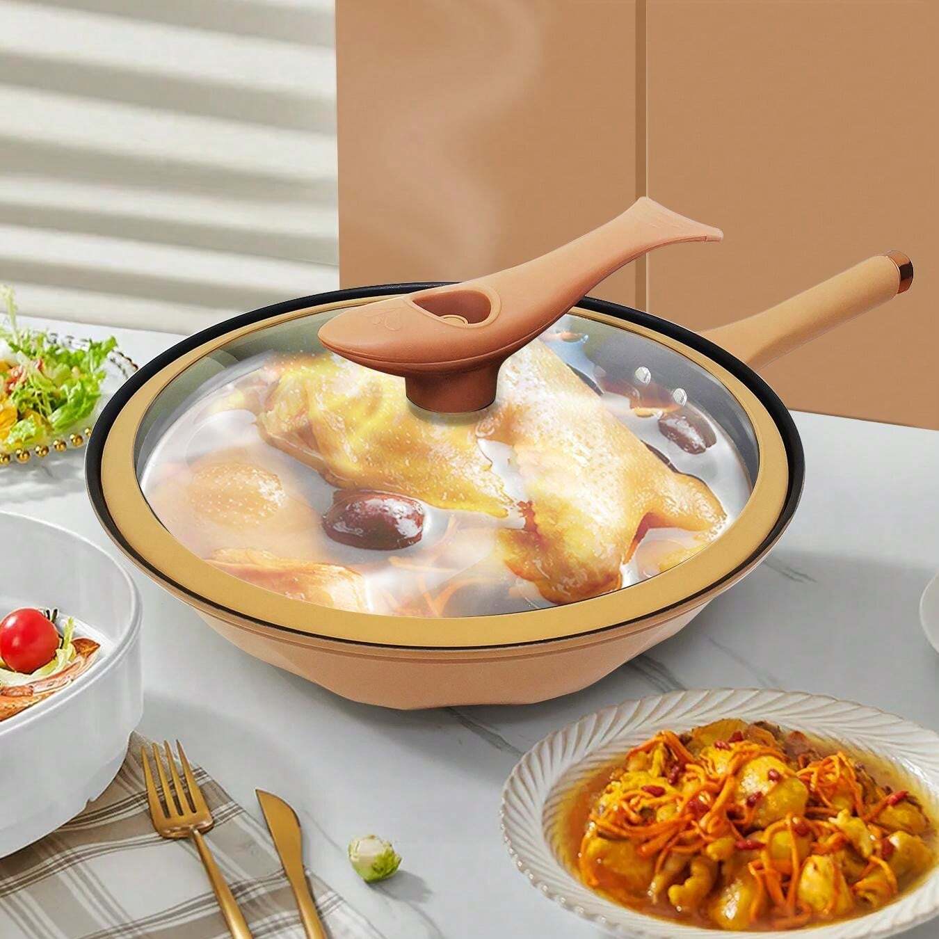 Wok en céramique antiadhésif avec revêtement en titane, couvercle en