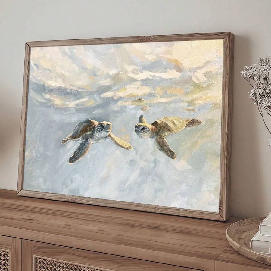 1pc Framed/Unframed Watercolor Sea Turtle Art Poster, Vintage Coastal Wall Art, Canvas Print, Minimalist Bathroom Wall Decor, Ideal Gift For Living Room, Dorm, Apartment, Home Decoration - Multicolor - View 1