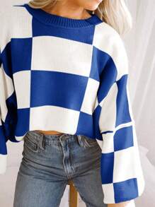 休闲撞色棋盘格纹宽松针织衫，秋冬款 - 藍色 - 查看 2