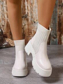 Women's New Arrival Chunky Heel Platform Riding Boots, Ankle Length, White, Retro British Style - Beige - View 4