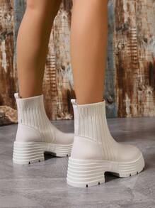 Women's New Arrival Chunky Heel Platform Riding Boots, Ankle Length, White, Retro British Style - Beige - View 5