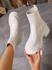 Women's New Arrival Chunky Heel Platform Riding Boots, Ankle Length, White, Retro British Style - Beige - View 1