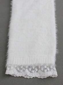 Women Pullover Sweater Round Neck Lace Patchwork Fluffy Solid Color Elegant Casual Layering Long Sleeve, Spring/Autumn,Long Sleeve Tops White - White - View 4