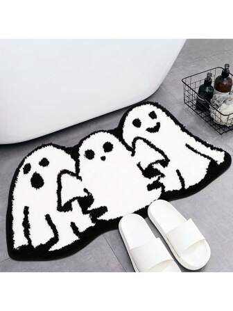 1 Stück Halloween Geist Plüsch-ähnliche Eingangsmatte, Kürbis-förmiger rutschfester wassersaugender Badezimmerteppich, Spinnennetz-Muster schmutzabweisender wassersaugender Teppich Heim Badezimmer Dekoration Outdoor Matte Herbst Dekoration Badezimmer Accessoires Eingangsbereich Dekoration