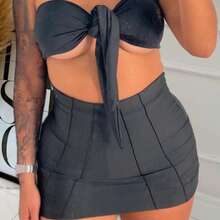 Cropped Top Multi-Shape Shorts Short Skirt Set - 黑色 - 查看 2