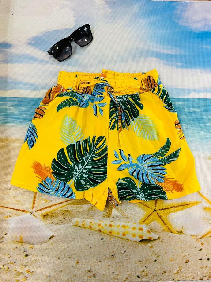 HONGDA VARIETIES New Shorts With Pocket And Leaf Print - Màu vàng - Xem 1