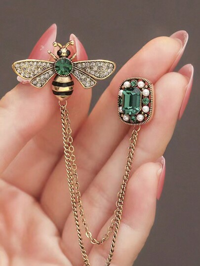 Retro Bee Chain Brooch, Rhinestone Decorated Insect Brooch Pin, High-End Fashion Accessory For Women Dress Accessories Pin For Clothes Bag Charm School Office Accessories Shirts Jacket Jewelry Christmas Halloween Clothes Pin Funny Cute Teacher Gifts
