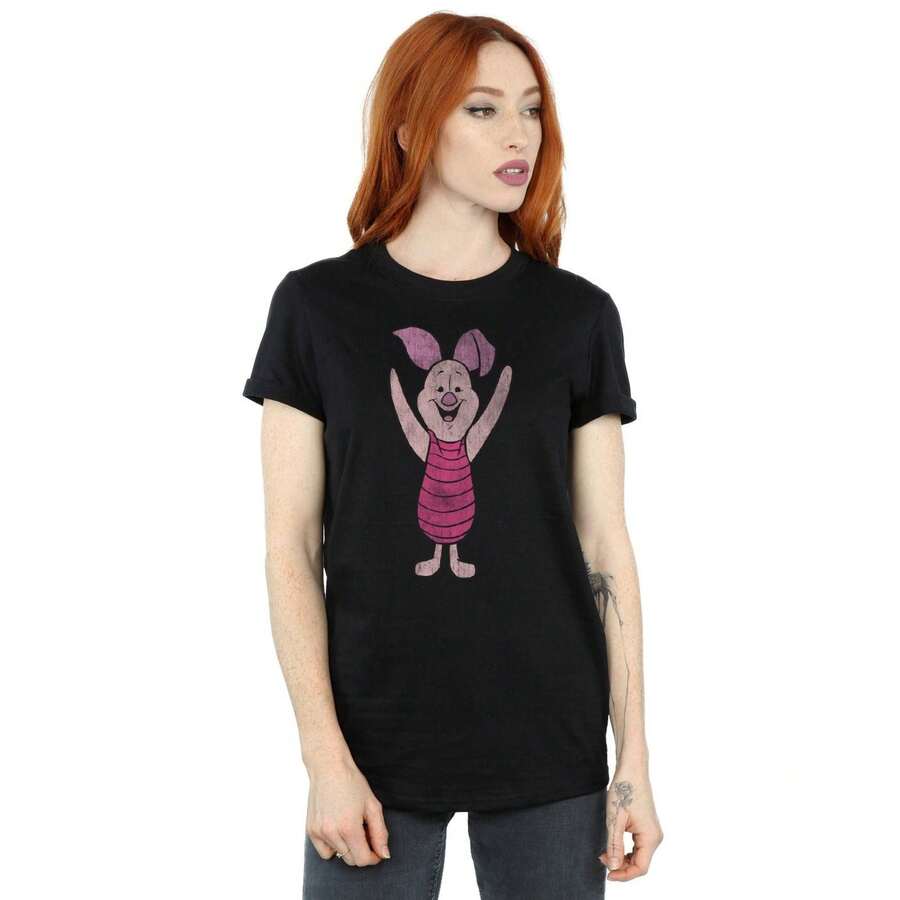WINNIE THE POOH Womens/Ladies Piglet Cotton Boyfriend T-Shirt (Black) - 黑色 - 查看 1