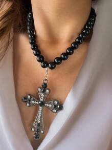 1pc Women's Fashion Beaded Oversized Cross Pendant Necklace, Minimalist Style Suitable For Daily Commute And Various Occasions - Multicolor - View 15