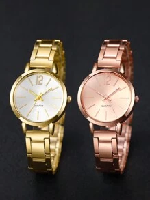 Bộ 2 chiếc/Bộ đồng hồ đeo tay thạch anh thời trang đơn giản có vạch số dành cho nữ kèm dây đeo bằng thép - Nhiều màu - Xem 2