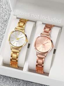 Bộ 2 chiếc/Bộ đồng hồ đeo tay thạch anh thời trang đơn giản có vạch số dành cho nữ kèm dây đeo bằng thép - Nhiều màu - Xem 1