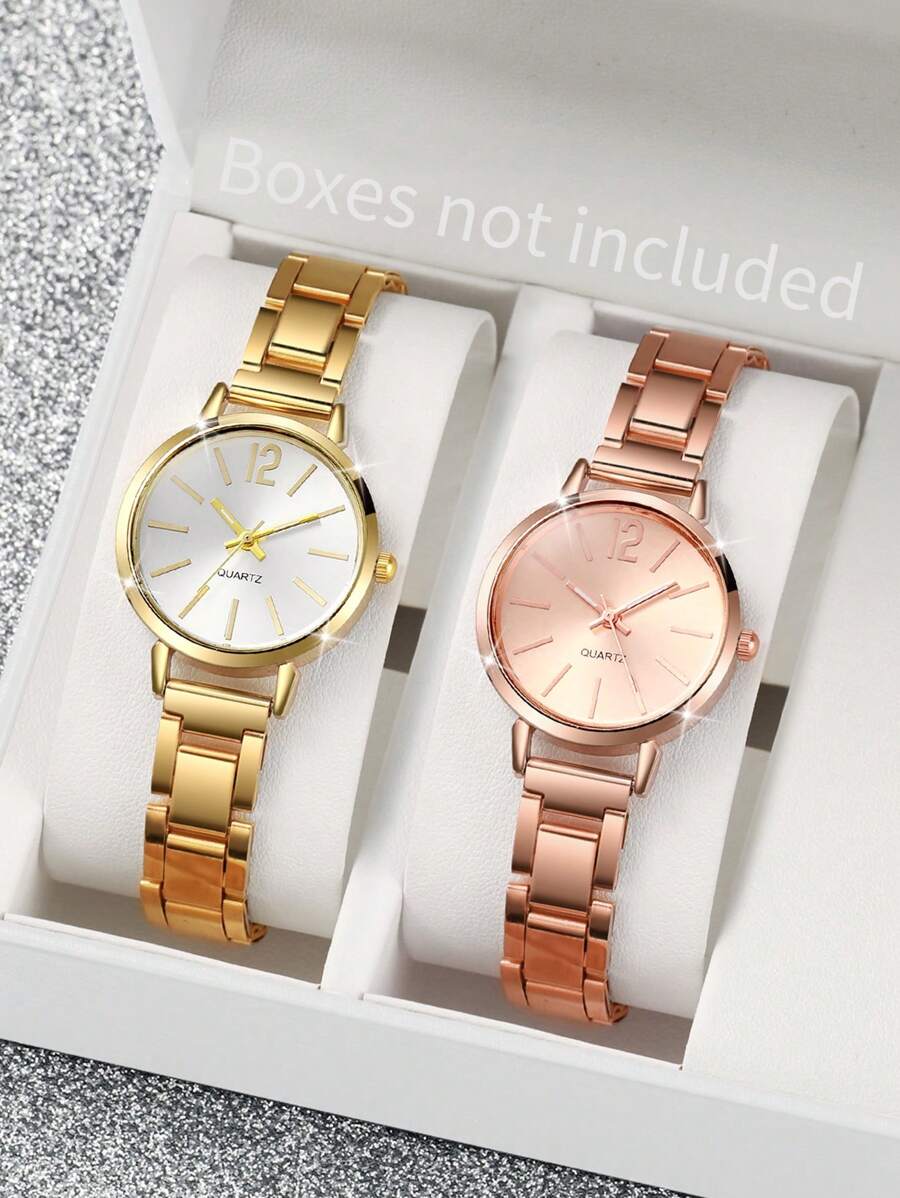 Bộ 2 chiếc/Bộ đồng hồ đeo tay thạch anh thời trang đơn giản có vạch số dành cho nữ kèm dây đeo bằng thép - Nhiều màu - Xem 1