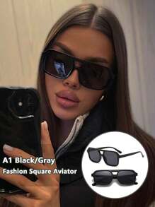 Women's Square Aviator Fashion Fashion Glasses, Retro 70s Double Bridge, Men's Aviator Vintage, Purple Lens - Classic Pilot - View 9