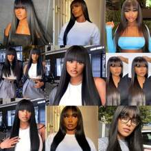 Straight Human Hair Wigs With Bangs Full Machine Made Wigs 250% Density Non Lace Front Wig For Women Glueless Straight Remy Human Hair Wigs Natural Color - Natural Black - 查看 9