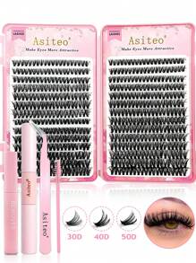 Asiteo 560PCS 优质睫毛簇 - DIY 睫毛延长套件，配有镊子、粘合剂和密封剂、胶水去除剂、睫毛刷 - 防水、可重复使用的单根睫毛，适用于派对、舞台、节日眼妆 - 彩色 - 查看 1