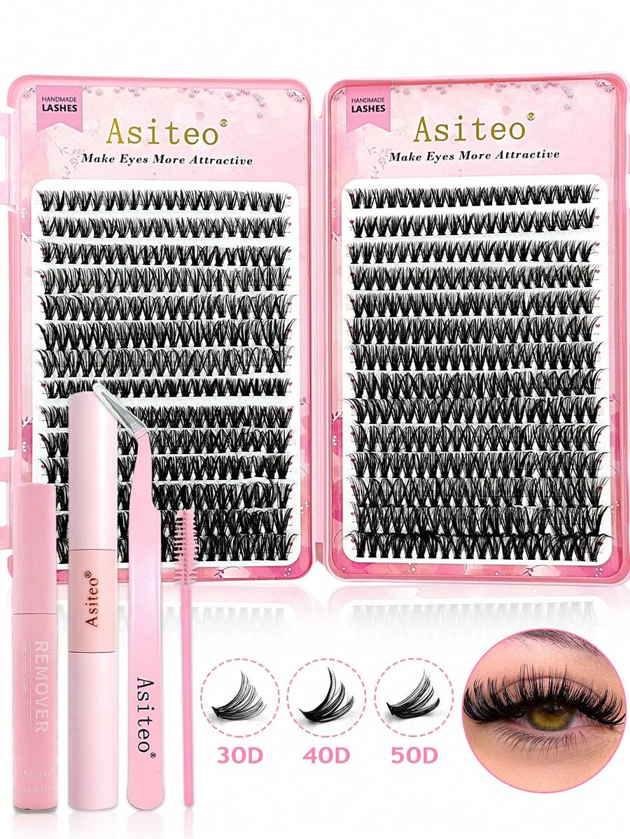 Asiteo 560PCS 优质睫毛簇 - DIY 睫毛延长套件，配有镊子、粘合剂和密封剂、胶水去除剂、睫毛刷 - 防水、可重复使用的单根睫毛，适用于派对、舞台、节日眼妆 - 彩色 - 查看 1