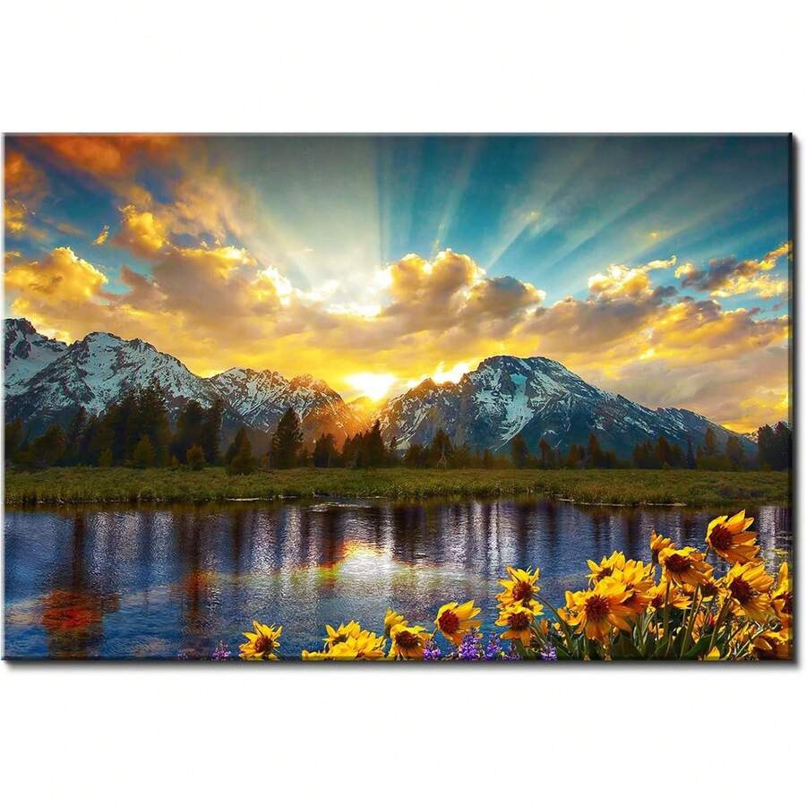 Nature Mountain Wall Art For Living Room, National Park Sunflower Landscape Canvas Picture Wall Decor 12x16, Sunset Grand Teton Lake Prints Painting Artwork For Kitchen Bedroom Home Decoration - 大提頓 - 查看 1