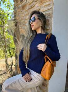 LONG SLEEVE KNITTED TOP NEW COLLECTION - 藏蓝色 - 查看 2