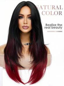 黑色混合红色长直分层假发自然外观天然合成假发带刘海适合日常派对假发圣诞礼物万圣节角色扮演自然性感浪漫耐热假发 26 英寸 - 漸層紅色 - 查看 4