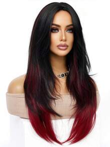 黑色混合红色长直分层假发自然外观天然合成假发带刘海适合日常派对假发圣诞礼物万圣节角色扮演自然性感浪漫耐热假发 26 英寸 - 漸層紅色 - 查看 5