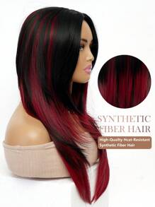 黑色混合红色长直分层假发自然外观天然合成假发带刘海适合日常派对假发圣诞礼物万圣节角色扮演自然性感浪漫耐热假发 26 英寸 - 漸層紅色 - 查看 7