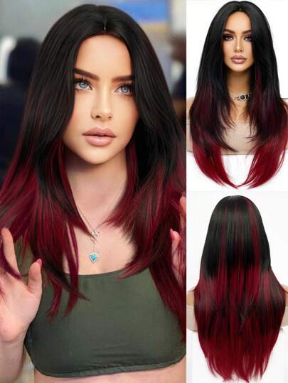 黑色混合红色长直分层假发自然外观天然合成假发带刘海适合日常派对假发圣诞礼物万圣节角色扮演自然性感浪漫耐热假发 26 英寸