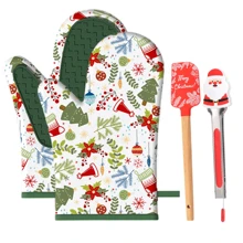 4 件装圣诞烘焙套装，节日硅胶烘焙工具套装包括 2 个硅胶贴片烤箱手套、1 个可爱的不粘硅胶刮刀和 1 个便携式圣诞老人小夹厨房钳，厨房糕点烹饪用具套装，用于烧烤、烘焙、烹饪、上菜、户外烧烤 - 彩色 - 查看 15