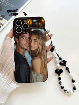 1pc Customizable Black TPU Drop-Proof Phone Case + 1pc Black Heart & Pearl Decor Bracelet, Compatible With IPhone, Samsung, OPPO Phones