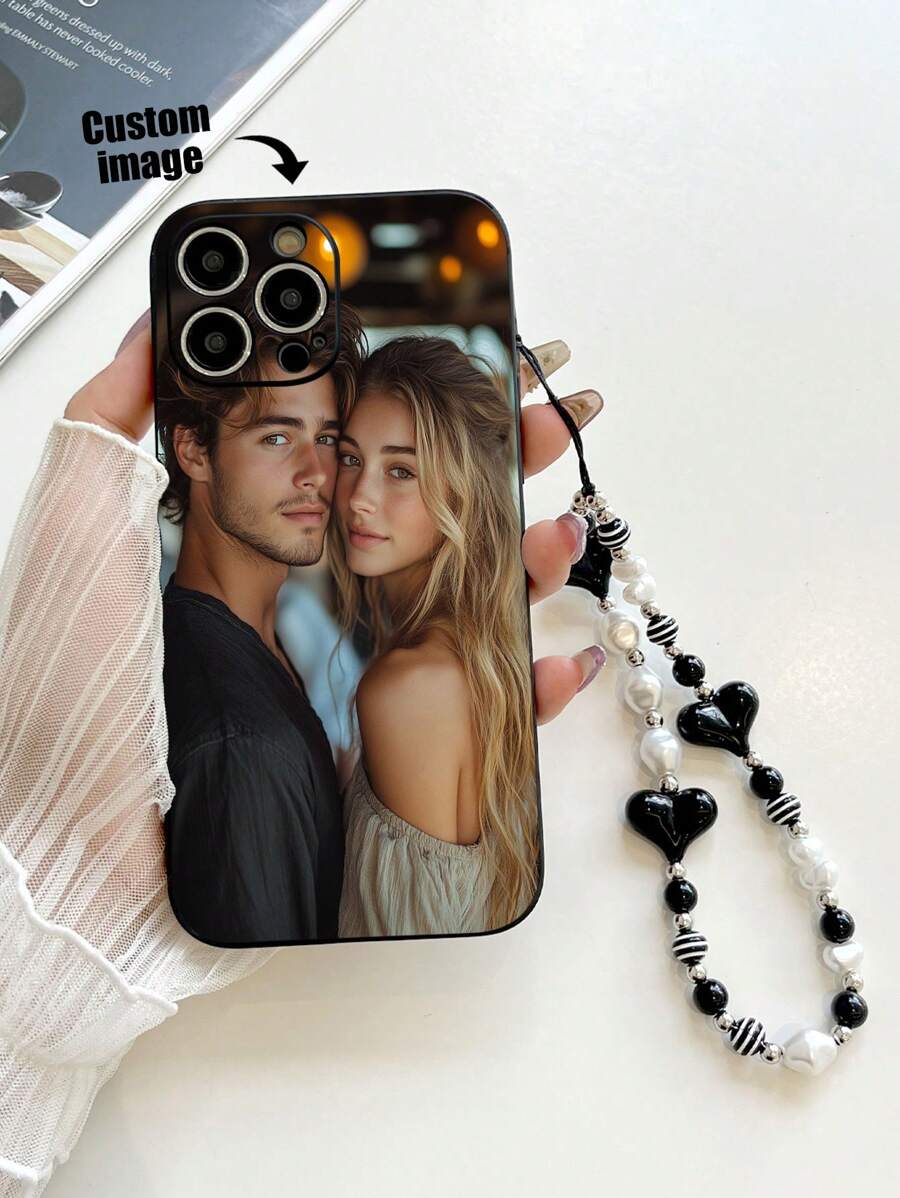 1pc Customizable Black TPU Drop-Proof Phone Case + 1pc Black Heart & Pearl Decor Bracelet, Compatible With IPhone, Samsung, OPPO Phones