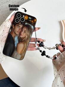 1pc Customizable Black TPU Drop-Proof Phone Case + 1pc Black Heart & Pearl Decor Bracelet, Compatible With IPhone, Samsung, OPPO Phones