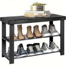 Shoe Rack, 3 Tier Bamboo Shoe Bench Shoe Racks Storage Stand Shelf Organizer With Seat, 8 Pair Of Shoes Rack For Corridor, Living Room, Bathroom, Bedroom Or Hallway(Black ) - Black - View 2