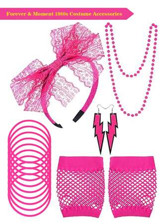 Forever & Moment 5 PCS Women's 1980s Neon Costume Accessories Set Bow Headband Lightning Pendant Earrings Beaded Necklace Fingerless Fishnet Glove Bracelet Halloween Decorations Gift Valentine's Day Valentines Prom