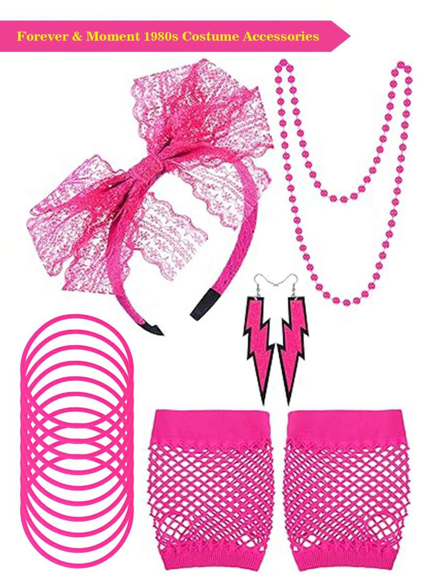 Forever & Moment 3/5/12 件女士 1980 年代霓虹服装配饰套装蝴蝶结头带闪电吊坠耳环串珠项链无指渔网手套手链万圣节装饰礼物万圣节派对礼物 - 多色 - 查看 1