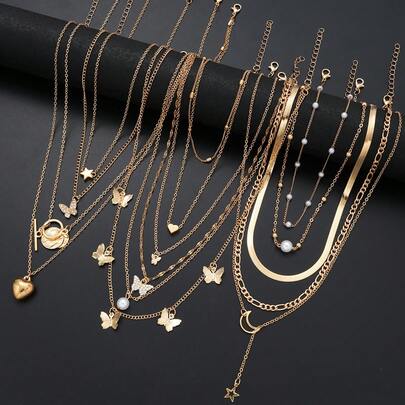 13 件/套简约心形、蝴蝶、星星、月亮和圆盘仿珍珠项链套装，适合女士，约会、度假和日常佩戴，情人节、妈妈、母亲、母亲节、礼物