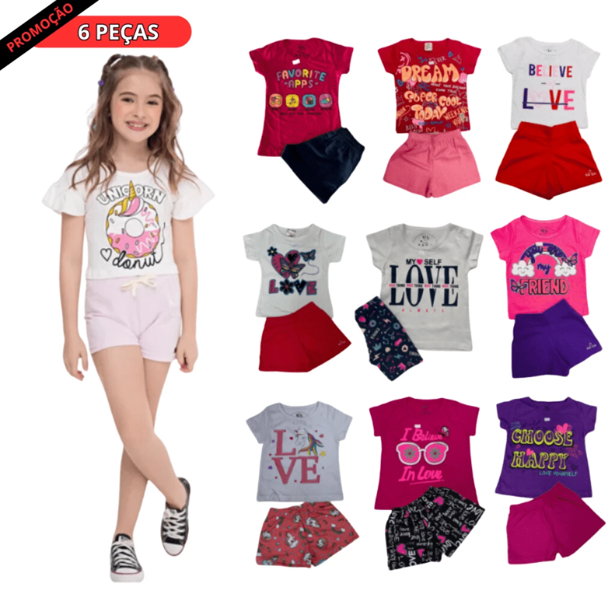 Girls' Summer Set - 3 T-Shirts + 3 Shorts (3 Sets Sizes 1 To 14) - 彩色 - 查看 1