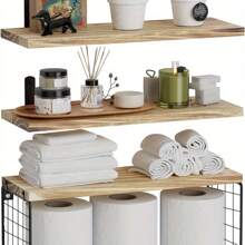 1set Rustic Solid Pine Wood Floating Shelf Set With Toilet Paper Basket, Wall Mounted Bathroom Organizer