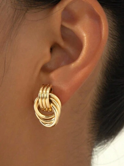 1pair Fashionable Gold Tone Alloy Multi-Turn Knotted Design Stud Earrings For Women, Double Hoop Studs, Statement Dangling Earrings, Unique Earrings • Anniversary Gift For Wife