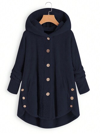 Cappotto invernale con cappuccio, monocolore, a maniche lunghe, di taglia comoda