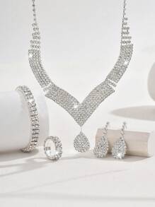 1 Set modischer vollständig mit Strass besetzter minimalistischer, vielseitiger Hochzeits- und Abendschmuck-Set bestehend aus Halskette, Ohrrringen, Handkette/Ring, geeignet für Damen Bälle, Partys, Thanksgiving, Halloween, als Geschenk