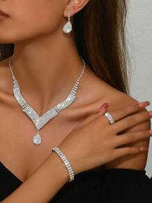 1 Set modischer vollständig mit Strass besetzter minimalistischer, vielseitiger Hochzeits- und Abendschmuck-Set bestehend aus Halskette, Ohrrringen, Handkette/Ring, geeignet für Damen Bälle, Partys, Thanksgiving, Halloween, als Geschenk