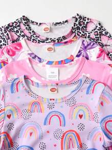 4pcs/Set Young Girl Cartoon Unicorn, Cat, Leopard Print And Bow Decor Long Sleeve Nightgown Sleepwear Set - Multicolor - View 3