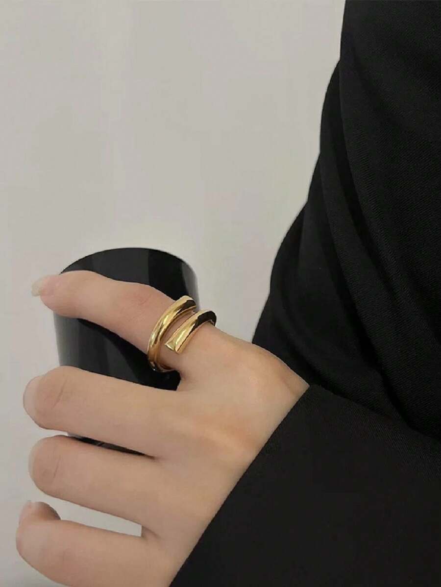 Ring 2 Abstract Cylinders Thin Smooth High Fusion Adjustable 18K Gold Plated 925 Silver - Vàng - Xem 1