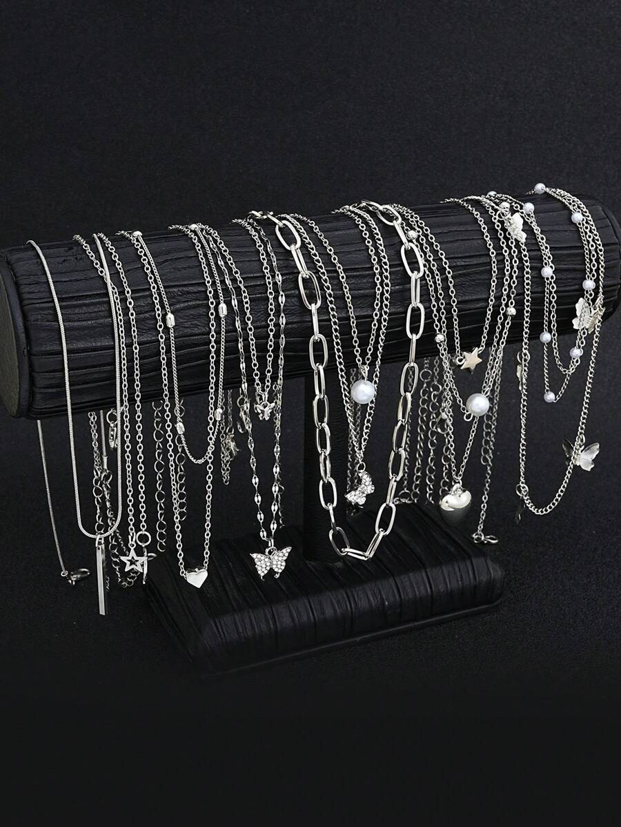 13pcs/Set Minimalist Heart, Butterfly, Star, Moon & Stripe Faux Pearl & Rhinestone Necklaces Set For Women, Suitable For Date, Vacation & Daily Wear (Random Pearl Quantity) - Silver - View 1