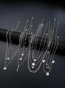13pcs/Set Minimalist Heart, Butterfly, Star, Moon & Stripe Faux Pearl & Rhinestone Necklaces Set For Women, Suitable For Date, Vacation & Daily Wear (Random Pearl Quantity) - Silver - View 3