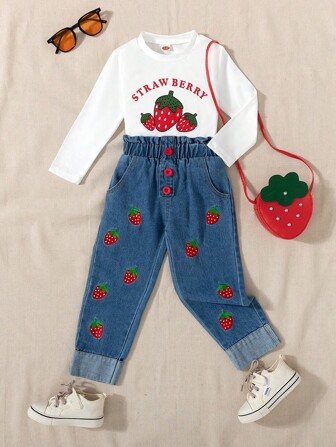 2 件装年轻女孩时尚休闲草莓印花牛仔背包套装