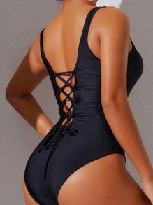 New One-Piece Swimsuit, Sexy Criss-Cross Back Design, One Piece Swimsuit Style Bikini, Slim Fit Swimwear For Beach Resort, Spring Tummy Cover, Nylon Material